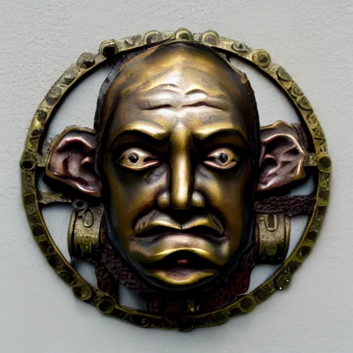 Prompt: A brass face of a dwarf. Wall decoration. Steampunk.