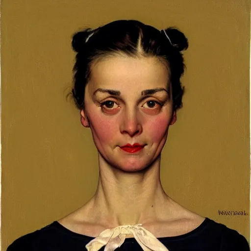 Image similar to Frontal portrait of a woman without distinct pupils: her eyes are entirely white. Painting by Norman Rockwell.