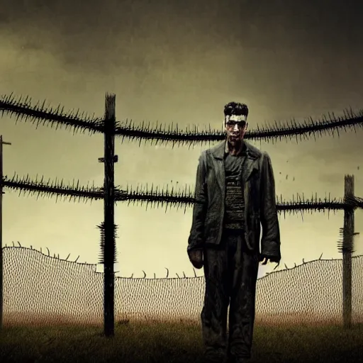 Image similar to a dystopian matte painting of a scared man standing in front of a fence with barbed wire, by jeffrey smith, tim biskup, behance contest winner, wallpaper, digital illustration