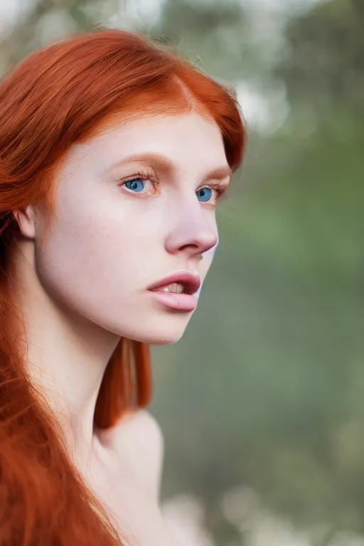 Image similar to olive skinned redhead female model in her twenties, wearing a v - neck sweater, looking content, focused on her neck, photo realistic, extreme detail skin, natural beauty, no filter, slr, golden hour, 4 k, high definition, selfie