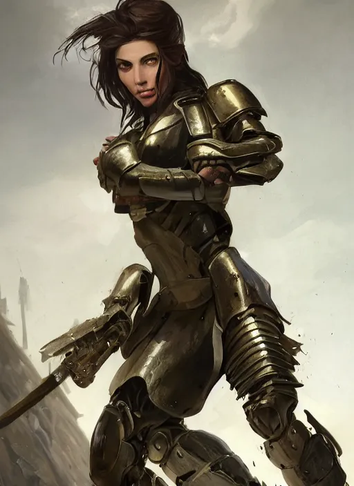 Image similar to a professionally painting of an attractive young girl, partially clothed in battle armor, olive skin, long dark hair, beautiful bone structure, perfectly proportioned, symmetrical facial features, intricate, elegant, heroic pose, digital painting, concept art, smooth, sharp focus, finely detailed, beautifully framed, from Metal Gear, in the style of Greg Rutkowski and William-Adolphe Bouguerea, trending on Artstation, award winning