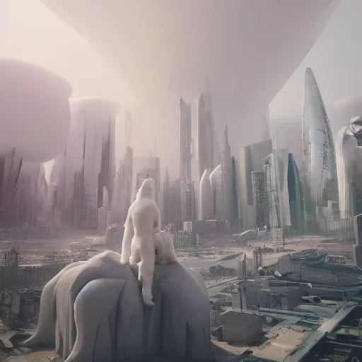 Prompt: a giant samoyed statue in the middle of a futuristic dystopian city, view from the sky, intricate artwork by beeple, beautiful, cinematic lighting, heavy mist, octane render, trending on artstation, greg rutkowski very coherent artwork. cinematic, hyper realism, high detail, octane render, 8k