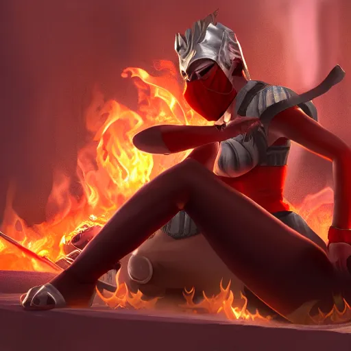 Image similar to Hot fire giantess, sitting down, lap pillow to masked man, fire in hand, warrior queen, concept art, artstation, 4k
