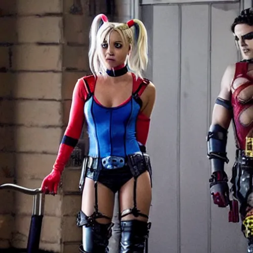 Image similar to A still of Kaley Cuoco as Harley Quinn