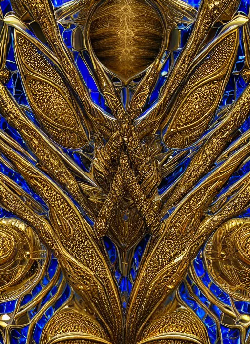 Image similar to a magnificent symmetrical being made of detailed crystals light and golden gothic ornaments by alex gray. 3D, 8k resolution