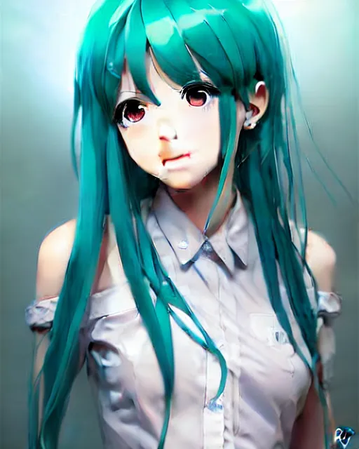 Image similar to portrait anime hatsune miku, cute - fine - face, pretty face, realistic shaded perfect face, fine details. anime. realistic shaded lighting by ilya kuvshinov giuseppe dangelico pino and michael garmash and rob rey, iamag premiere, aaaa achievement collection, elegant freckles, fabulous, eyes open in wonder