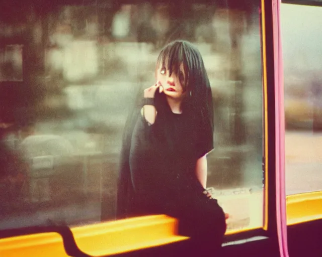 Image similar to lomo photo of shy goth girl sitting in empty bus, sunset, cinestill, bokeh