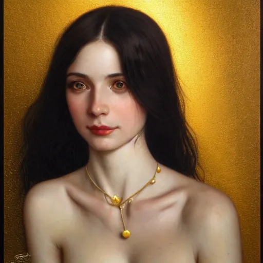 Image similar to portrait of a smiling, beautiful, pale skin eastern european female with long black hair, dark brown eyes, elegant clothing, photorealistic, highly detailed, artstation, smooth, sharp focus, gold ornaments, neon lighting, sci - fi, art by gustav klimt, artgerm, greg rutkowski and alphonse mucha