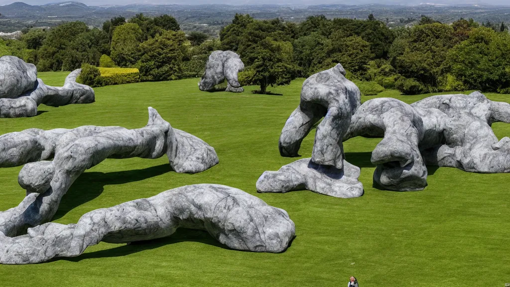 Prompt: a colossal impossible granite sculpture garden by michelangelo and henry moore and david cerny, on a green lawn, distant mountains, 8 k, dslr camera, an edible garter around the earth, award winning