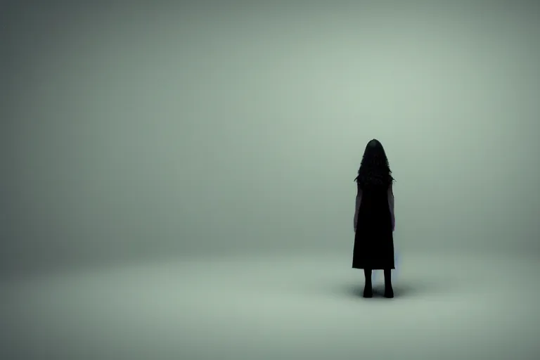 Image similar to a creepy woman wearing all black Tim Burton style, standing in a dark, eerie room, melancholic, dreary, sinister, 3D render,