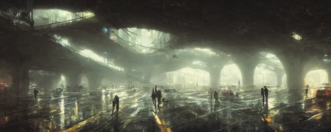 Image similar to under a highway bridge of a cyberpunk city, rain, night, flying shuttles, advertising pannels, rays of light, james gurney, greg rutkowski, unreal engine 5, artstation, sharp focus, award winning