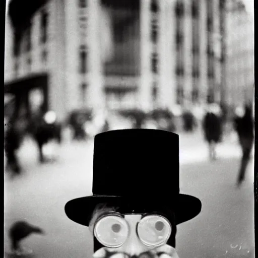 Image similar to wide-shot very low-angle eyesight photo of a pigeon in a hat at the street in New York, polaroid photo, by Andy Warhol, signed