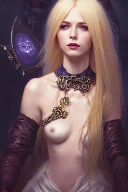 Image similar to Portrait of seductive female necromancer, D&D, revealing stylish dress, choker on neck, long blonde hair, mouth slightly open, slight nerdy smile, fantasy, intricate, elegant, highly detailed, digital painting, artstation, concept art, smooth, sharp focus, illustration, art by artgerm and greg rutkowski and alphonse mucha