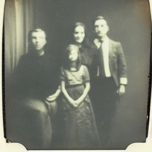 Image similar to old polaroid of a family, there is a gloomy atmosphere in the ambient, a ghost can be seen in the background