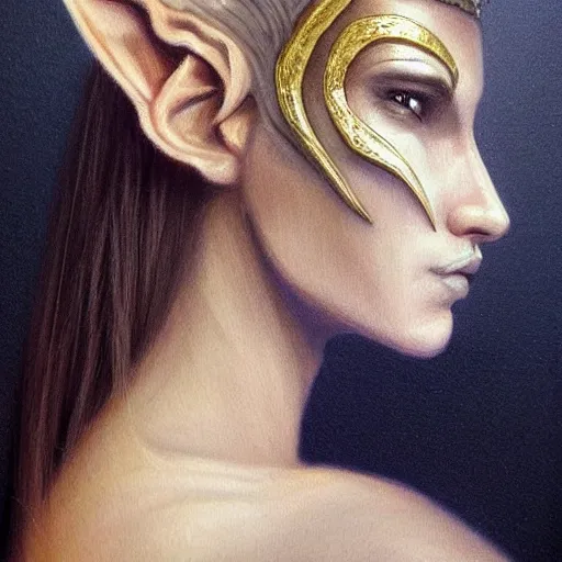 Image similar to side portrait!!! of a female elven warrior, fantasy, head tilted down, hair in the wind, gold armour, gold jewelry, white skin, detailed face!!!!!, trending on artstation, gsociety, D&D, elegant, symmetrical facial features, highly detailed, sophisticated, hyperrealistic, detailed painting, smooth, sharp focus, upper body, intricate, rule of thirds, holy glow, backlit, hd 4k by Greg Rutkowski, Charlie Bowater, Karol Bak