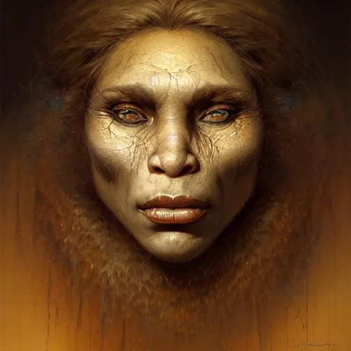 Image similar to portrait of beautiful neanderthal woman. gritty texture. highly detailed, centered, digital painting, artstation, concept art, smooth, sharp focus, golden hour, illustration, artgerm, tomasz alen kopera, peter mohrbacher, donato giancola, joseph christian leyendecker, frank frazetta, boris vallejo