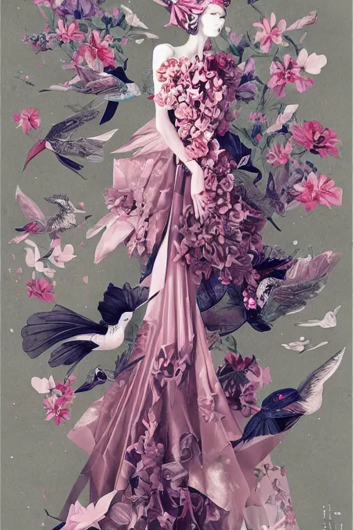 Image similar to full length fashion illustration of a beautiful girl wearing an origami dress, eye - level medium shot, fine floral ornaments in cloth and hair, hummingbirds, elegant, by eiko ishioka, givenchy, by peter mohrbacher, centered, fresh colors, origami, fashion, detailed, serene, dreamy, vogue, japanese, reallusion character creator