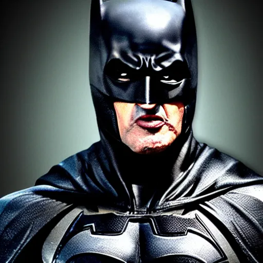 Prompt: Sylvester Stallone as Batman, photo realistic