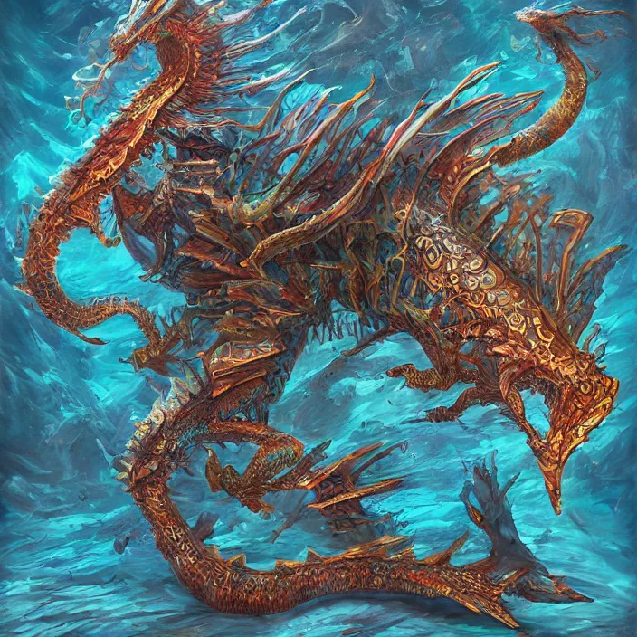 Image similar to underwater sea dragon full body, d & d style, trending on artstation, intricate, highly detailed, vivid painting, colorful, art by alexandr leskinen