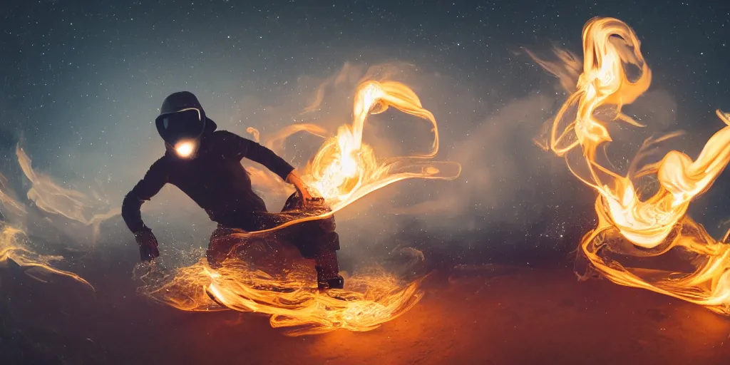 Image similar to music video fisheye slow motion with trail fire and smoke effect of futuristic break dancer wearing long dark cloak and golden helmet emitting fire and crystals, long exposure shot , enigmatic, at night on the moon, paddle of water, steam, fog, water splashes, rim lights, glossy reflections, water droplets on lens, octane render, Volumetric dynamic lighting, stunning cover magazine, high details, hajime sorayama