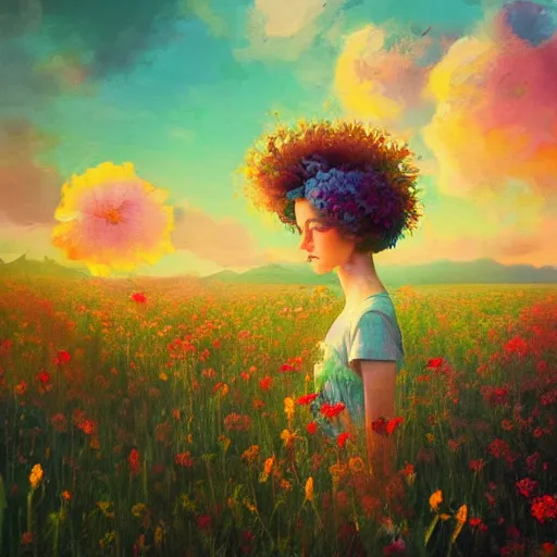 Image similar to girl with a flower face, surreal photography, dream, standing in flower field, magical, in a valley, sunrise dramatic light, impressionist painting, colorful clouds, artstation, simon stalenhag, flower face