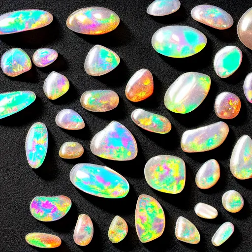 Prompt: collection of opals in sunlight, photography