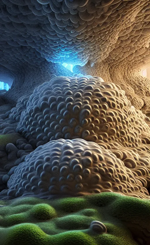 Image similar to highly detailed ultra sharp 3 d render cinematic composition of a smooth ceramic porcelain biomorphic magnolia stone nebula fluid fractal sci - fi surreal architecture landscape, granite, metallic, magnesium, marble, moss and lichen, vincent callebaut composition, mamou - mani, archviz, beautiful lighting, 8 k, unreal engine, hdr,