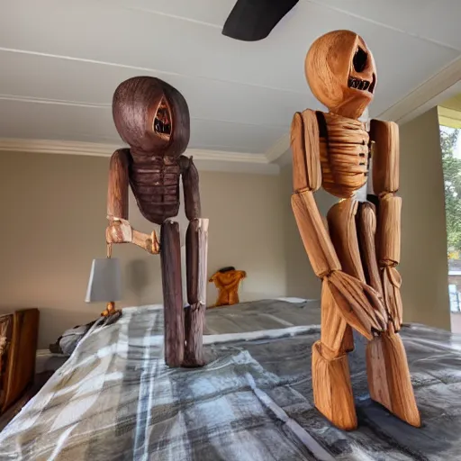 Image similar to a real estate home interior photo. a creepy wooden mannequin family,