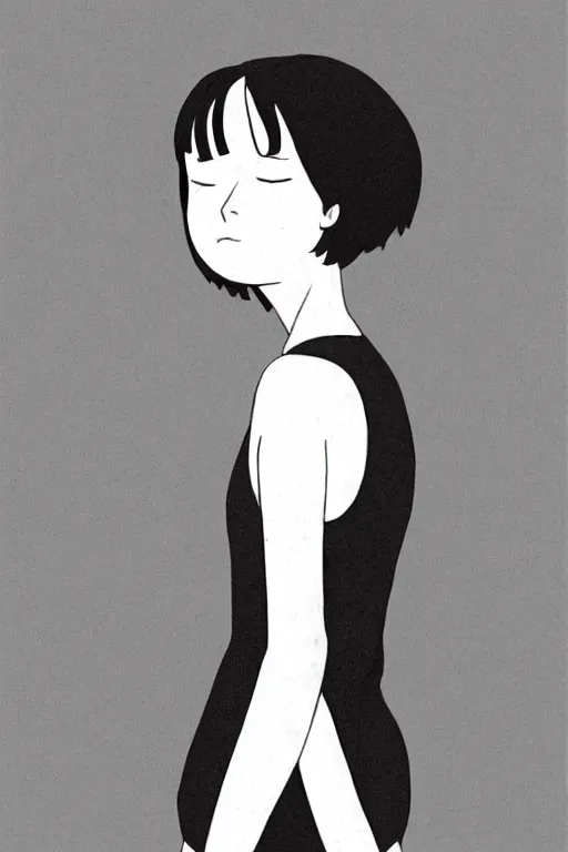 Prompt: portrait of a girl in long pants and a top, hands in pockets, eyes closed, red color heart shaped tattoo on the right hand, bob haircut, digital art, black and white, minimalistic illustration by junji ito and kaoru mori