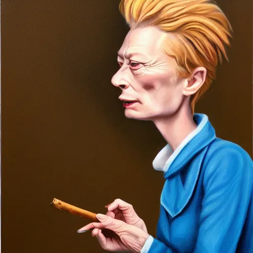 Image similar to an caricature of a young tilda swinton smoking a cigar, realistic oil painting by Mahesh Nambiar, trending on art station, 4K