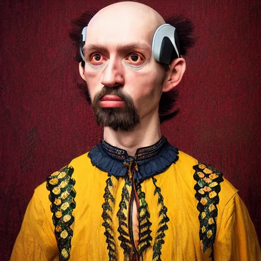 Image similar to Colour Caravaggio style full body portrait Photography of Highly detailed Man wearing detailed Ukrainian embroidered folk costume designed by Taras Shevchenko with 1000 years perfect face wearing highly detailed retrofuturistic VR headset designed by Josan Gonzalez. Many details In style of Josan Gonzalez and Mike Winkelmann and andgreg rutkowski and alphonse muchaand and Caspar David Friedrich and Stephen Hickman and James Gurney and Hiromasa Ogura. Rendered in Blender and Octane Render volumetric natural light