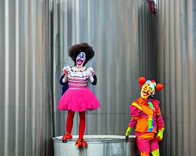 Image similar to clown girl android standing on a water tank