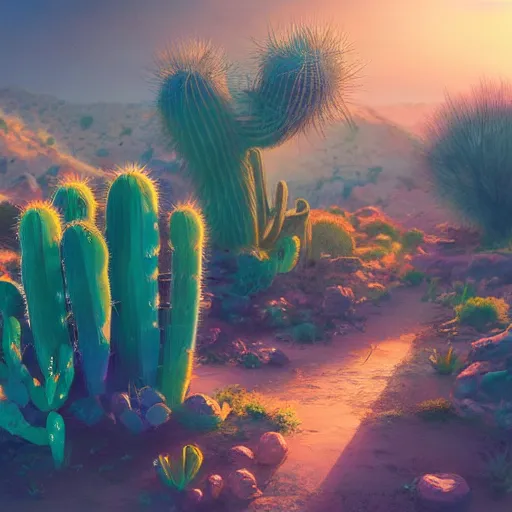 Prompt: glowing cacti, bioluminescent cactus flowers and succulents in the desert night. highly detailed, volumetric lighting, sharp focus, trending on art station, digital painting by wlop, rossdraws, artgerm