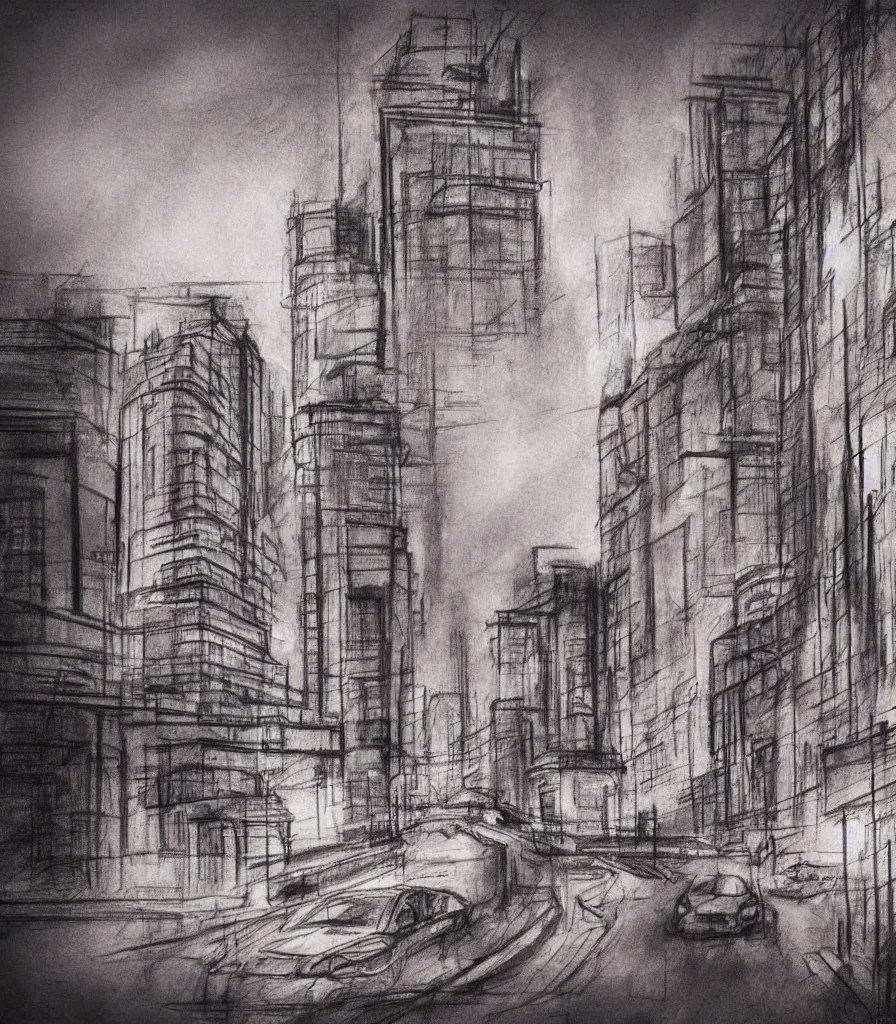 Image similar to charcoal sketch cityscape concept sketch dreamy evocative breathtaking realistic detailed 4 k 8 k red signs