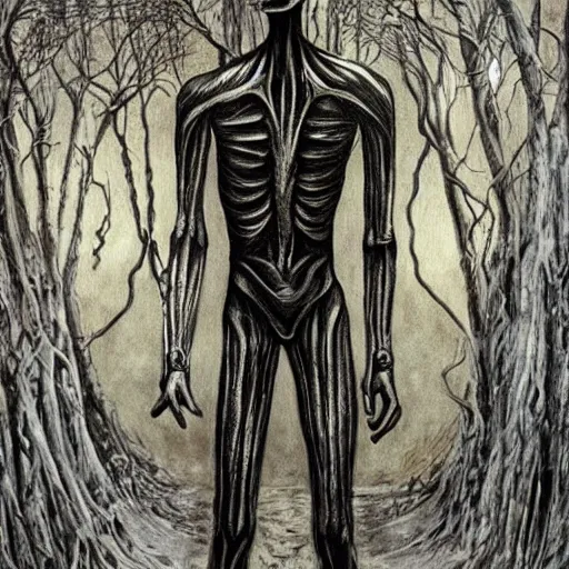 Image similar to slenderman, high detail, masterpiece, art by h. r. giger