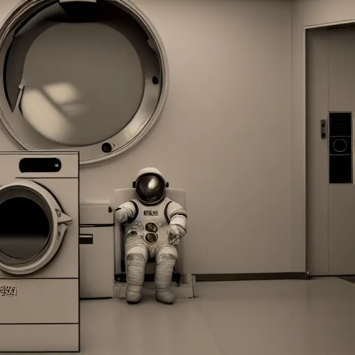 Image similar to a beautiful photo of an astronaut waiting in a laundromat, 1970', soft light, morning light, photorealistic, realistic, octane, 8k, cinematic shot