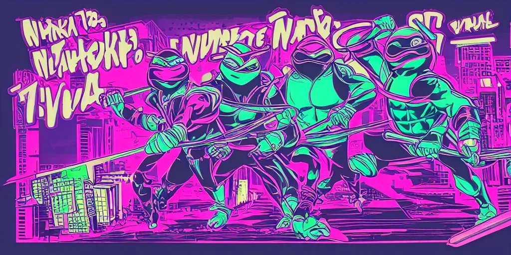 Image similar to vaporwave, vector graphics, ninja turtles, shredder, synthwave, neon