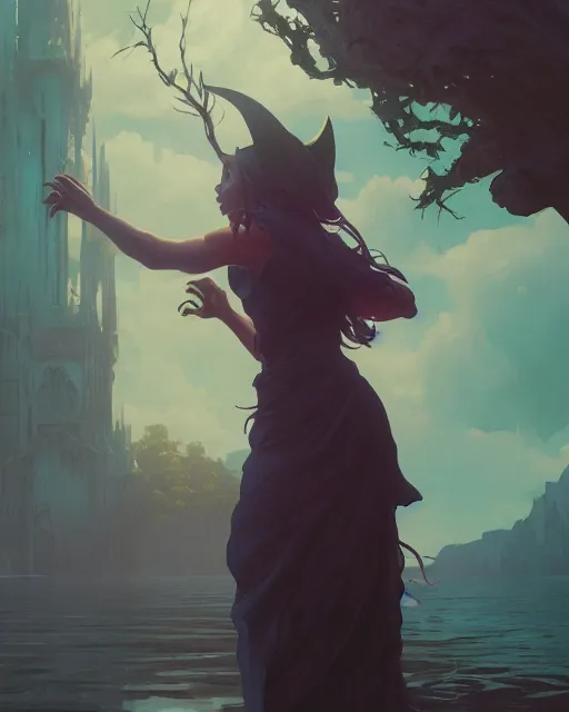 Image similar to highly detailed vfx portrait of a witch casting water magic, unreal engine, greg rutkowski, loish, rhads, beeple, makoto shinkai and lois van baarle, ilya kuvshinov, rossdraws, tom bagshaw, alphonse mucha, global illumination, detailed and intricate environment