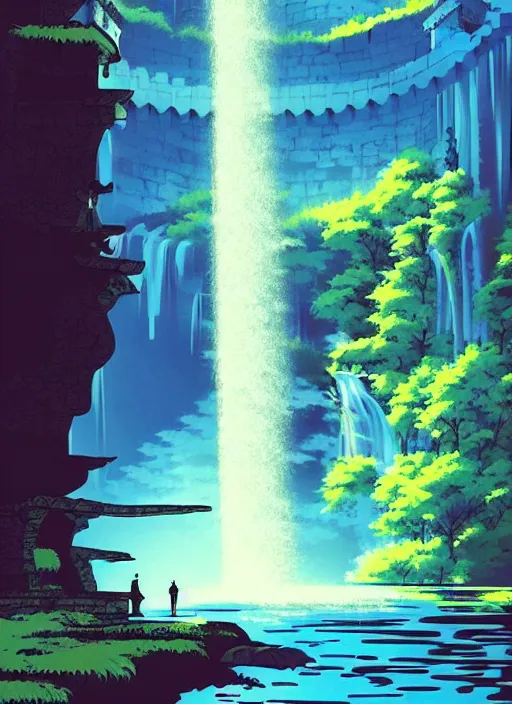 Image similar to magical castle, waterfall, river, nighttime, scenery wallpaper aesthetic, anime style, beautiful, cinematic, dramatic, super detailed and intricate, hyper realistic, by satoshi kon, by koson ohara, by darwyn cooke