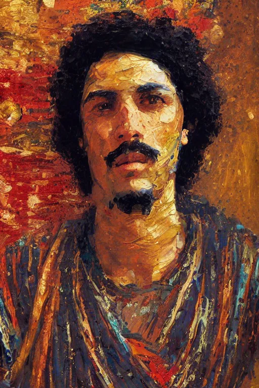 Image similar to highly detailed palette knife oil painting of a historically accurate depiction of the ancient biblical egytian prince Joseph, thoughtful, by Peter Lindbergh, impressionistic brush strokes, painterly brushwork