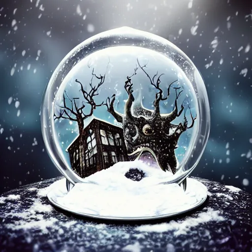 Image similar to eldritch world breaking out of a snow globe. Hyper realistic, cosmic horror, HP Lovecraft