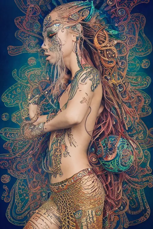 Image similar to a centered full body render of an alluring festival hippy with tribal tattoos wearing intricate metallic clothing surrounded by a underwater ink pour and flowing liquid gallium and sacred geometry, perfect body and face, gorgeous, cinematic, beautifully lit, by miho hirano, by karol bak, by donato giancola, 3 d, trending on artstation, octane render, 8 k