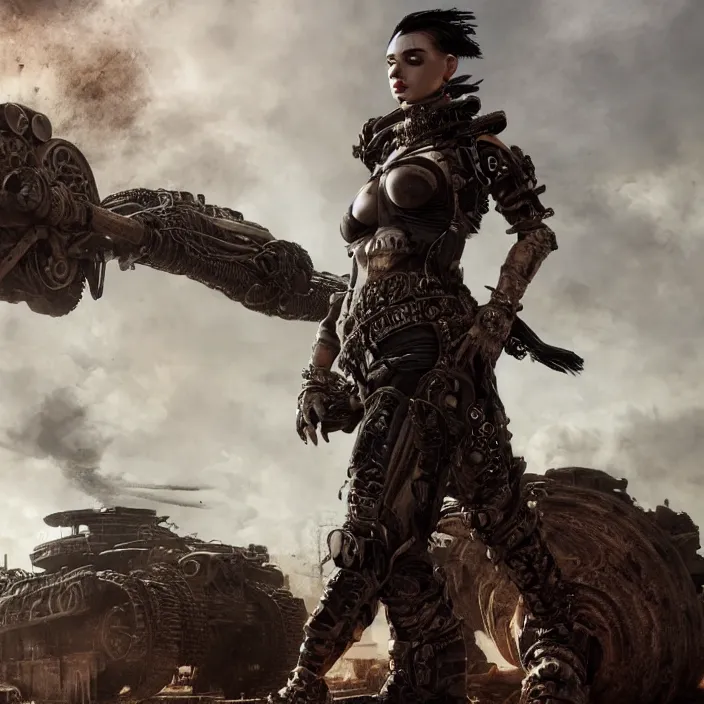 Image similar to beautiful apocalyptic woman with mohawk, standing on mad max panzer tank, hyper-detailed, smooth, sharp focus, 4k ultra hd, fantasy dark art, tank girl, artgerm, artstation, octane render, elegant, detailed digital painting, apocalyptic art, Francis bacon, gears of war, unreal engine, 3d depth map