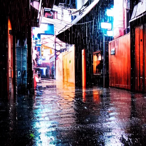 Image similar to a rainy cyuberpunk neo tokyo alley with a black cat sleeping on the wet floor, photo, 4 k