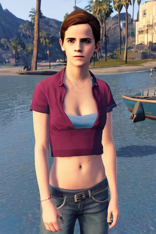 Prompt: Emma Watson as a GTA V NPC in vespucci beach, in game capture. 3D Render.