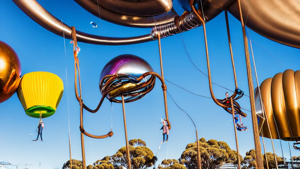 Image similar to large colorful futuristic space age metallic steampunk balloons with pipework and electrical wiring around the outside, and people on rope swings underneath, flying high over the beautiful adelaide in south australia city landscape, professional photography, 8 0 mm telephoto lens, realistic, detailed, photorealistic, photojournalism