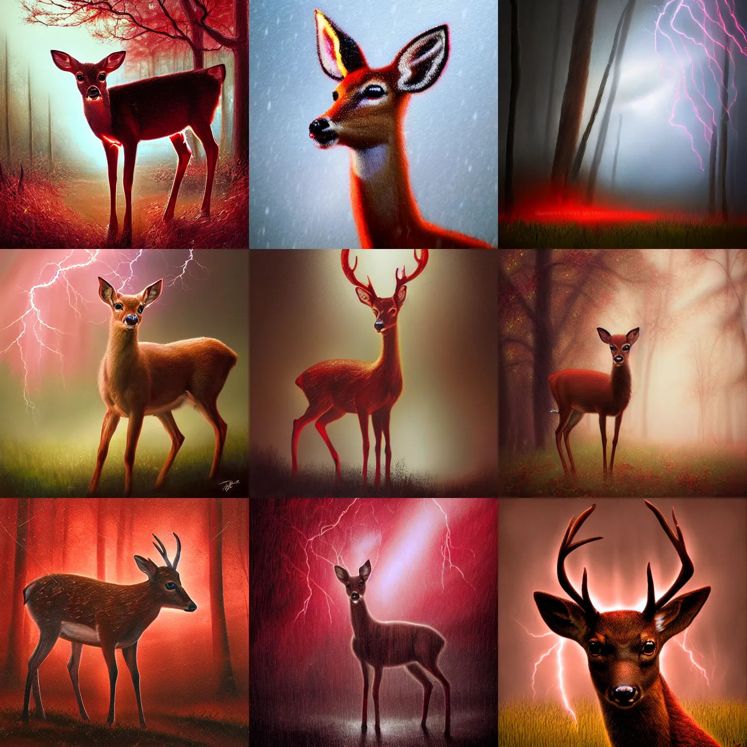 Prompt: red lightning storm portrait of a doe deer, vortex of rain and light, in the style of WLOP and tony sart