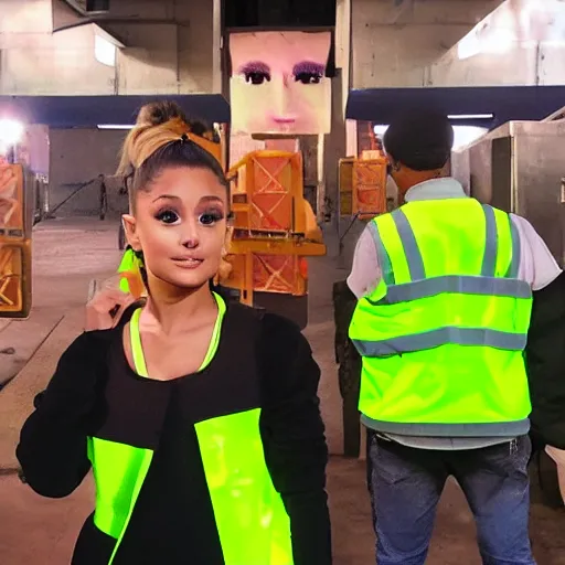 Prompt: photo, close up, ariana grande in a hi vis vest, in tyson slaughterhouse, android cameraphone, 2 6 mm,