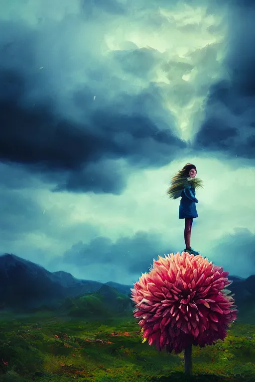 Prompt: closeup girl with giant dahlia flower head, standing on mountain, surreal photography, blue storm clouds, dramatic light, impressionist painting, digital painting, artstation, simon stalenhag