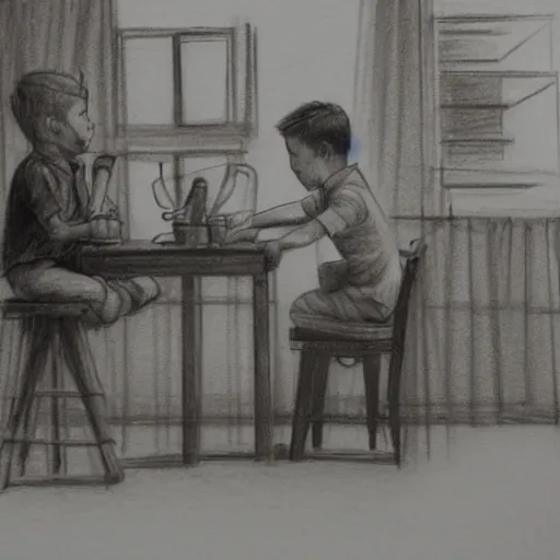 Image similar to pencil sketch of a boy making espresso with a westie in the quiet morning sunlight